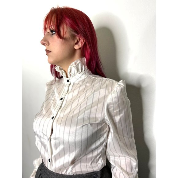 Vintage 80s High Collar Ruffle Blouse Size M Medium Striped Edwardian Gothic - Picture 6 of 8